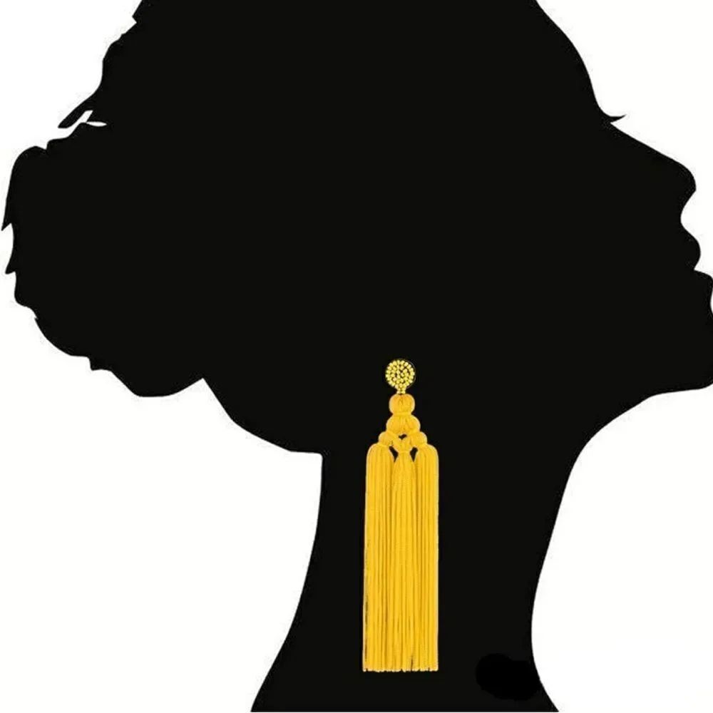 Long Yellow Hand Woven Tassel Knot Fringe Boho Dangling Drop Post Back Earrings - Picture 3 of 6